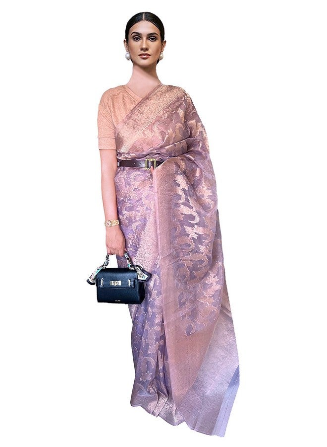 NK Textiles Women's Floral Woven Pastel Coloured Organza Silk Saree with Blouse (9 COLORS) - Image 1