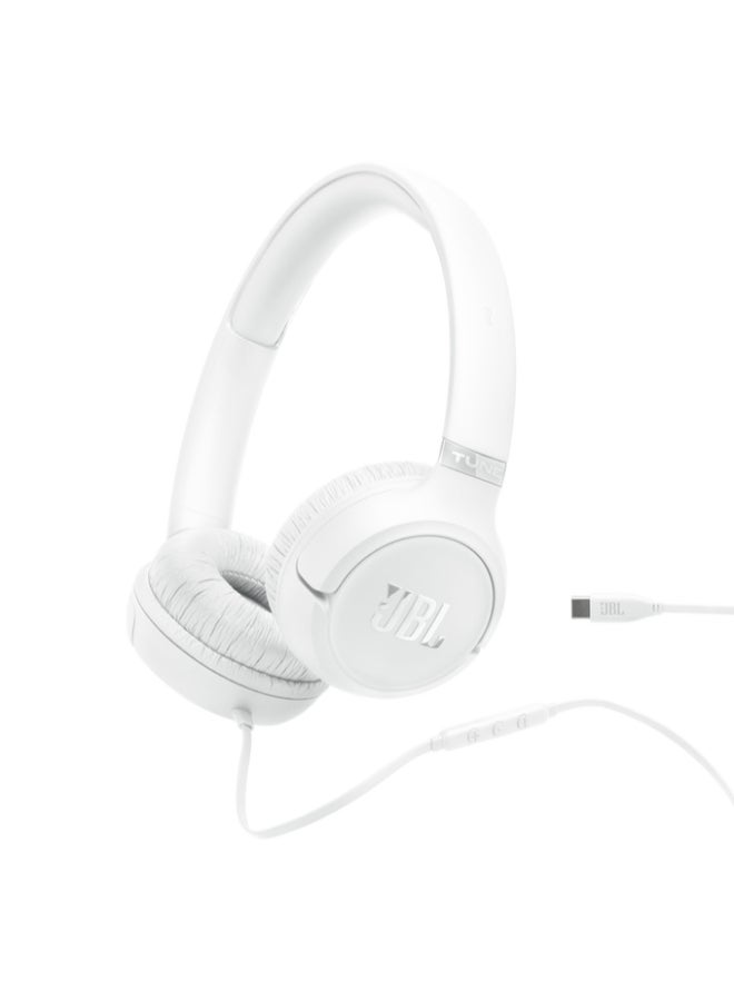 JBL Tune 530C USB-C Wired On-Ear Headphones with Hi-Res Audio, Pure Bass Sound, 3-Button Mic Remote, Easy EQ Presets, Lightweight Foldable Design, Tangle-Free Flat Cable White