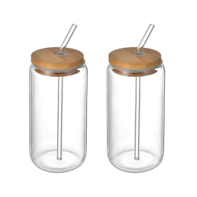 Set of Can-Shaped Drinking Glasses with Bamboo Lids and Reusable Straws, a Stylish Beer and Iced Coffee Glass Tumbler for Cocktails and Water - 2 Pieces - Image 1