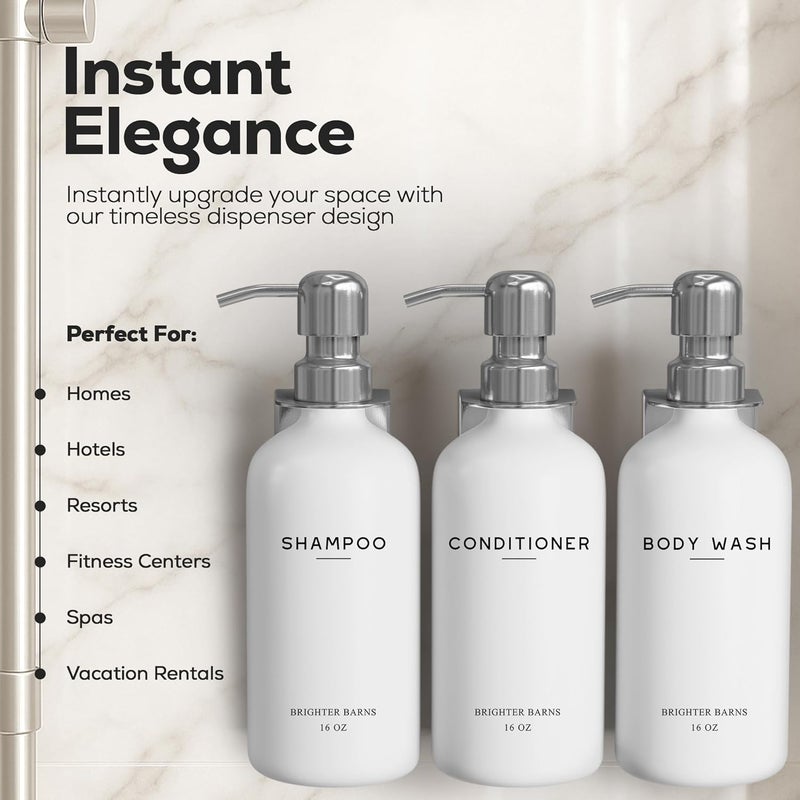 Brighter Barns Luxury Shampoo and Conditioner Dispenser Set Wall Mounted by - Refillable Shampoo Dispenser for Shower Wall - Shower Bottles 3 Chamber No Drill for Guest Bathroom, Airbnb, Hotel (White) - Image 2