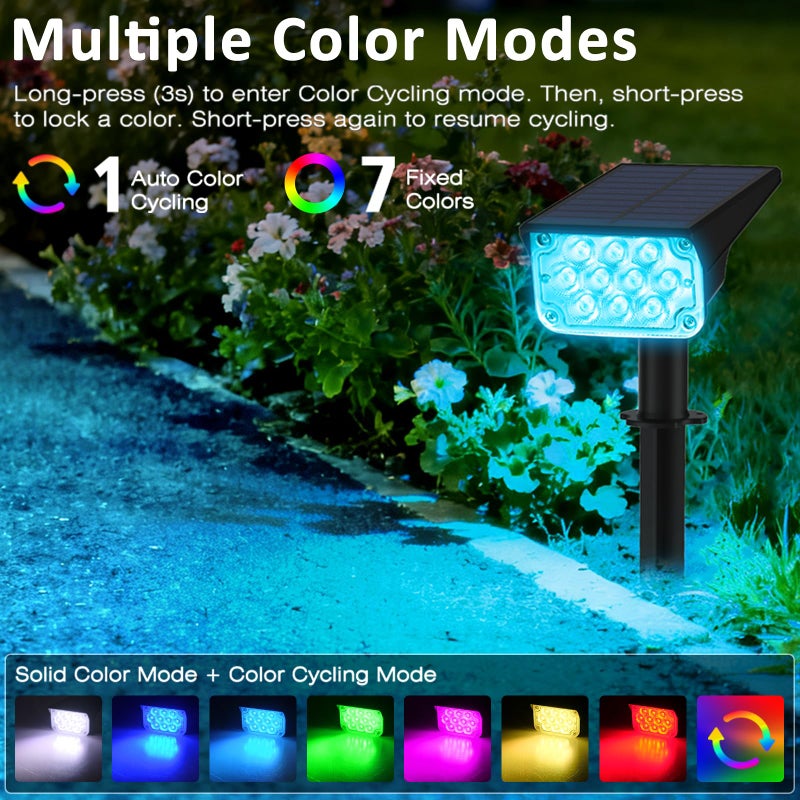 T-SUNUS أضواء سبوت لايت شمسية ملونة RGB من T-SUNUS للمناظر الطبيعية في عيد الميلاد في الهواء الطلق، مقاومة للماء IP65، أضواء سبوت ملونة، تعمل تلقائيًا من الغسق حتى الفجر، للإضاءة على الجدران، الأشجار، الفناء، الحديقة، الممر، الشرفة، البركة، عيد الهالوين، عبوة من 2 - Image 2