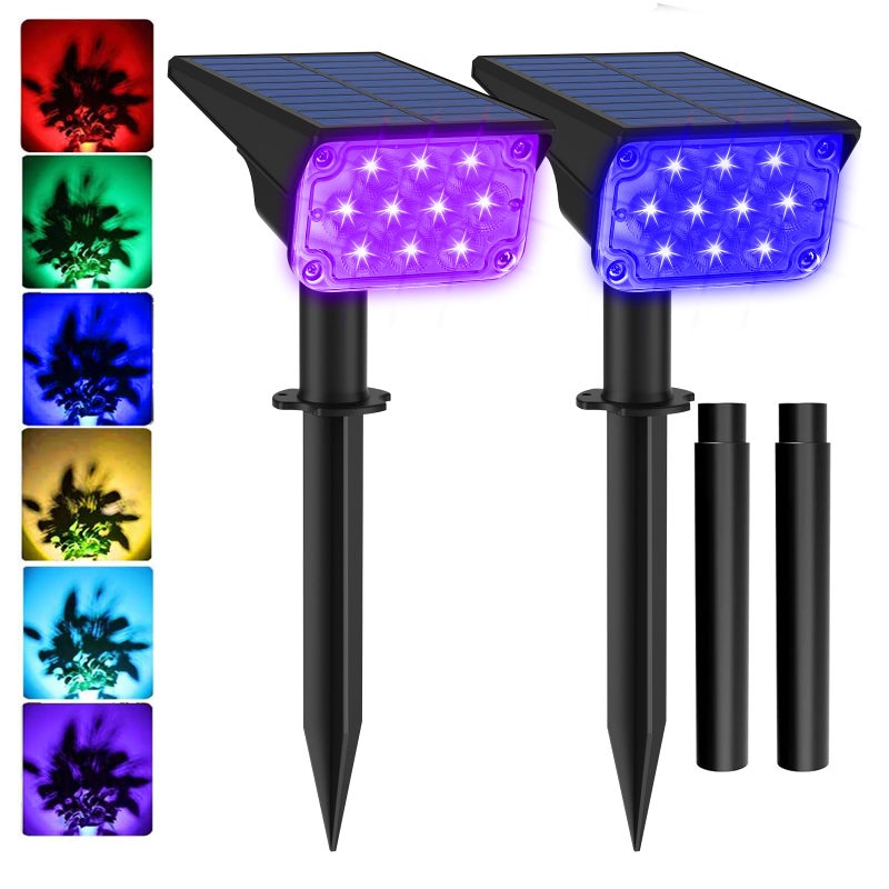 T-SUNUS أضواء سبوت لايت شمسية ملونة RGB من T-SUNUS للمناظر الطبيعية في عيد الميلاد في الهواء الطلق، مقاومة للماء IP65، أضواء سبوت ملونة، تعمل تلقائيًا من الغسق حتى الفجر، للإضاءة على الجدران، الأشجار، الفناء، الحديقة، الممر، الشرفة، البركة، عيد الهالوين، عبوة من 2 - Image 1