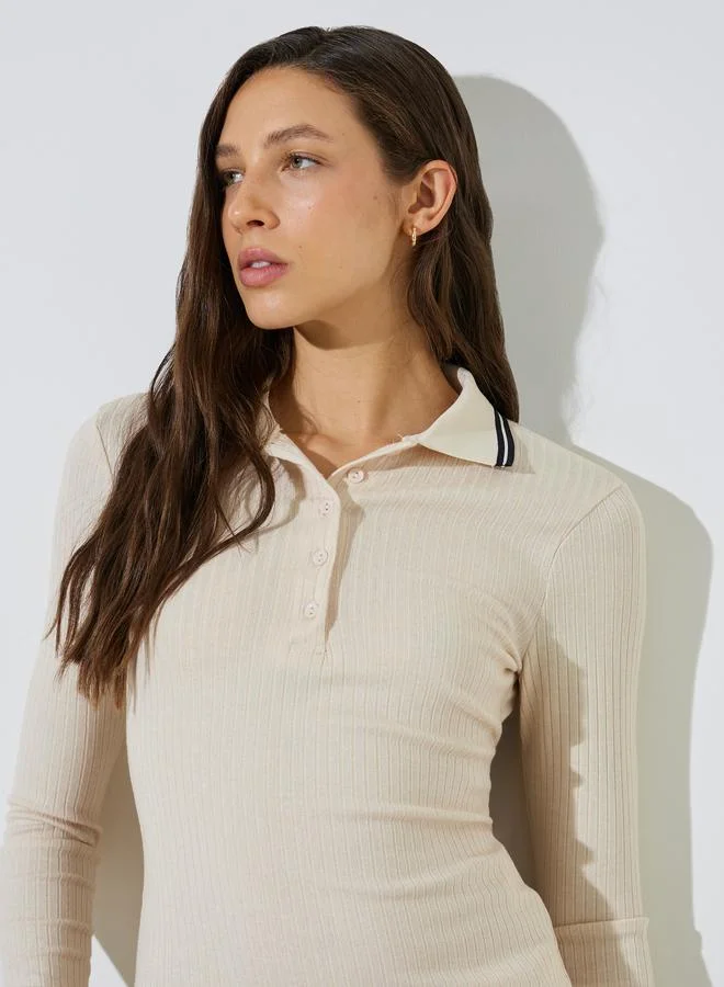 ستايلي Off-White Long Sleeve Ribbed Knit Polo Top