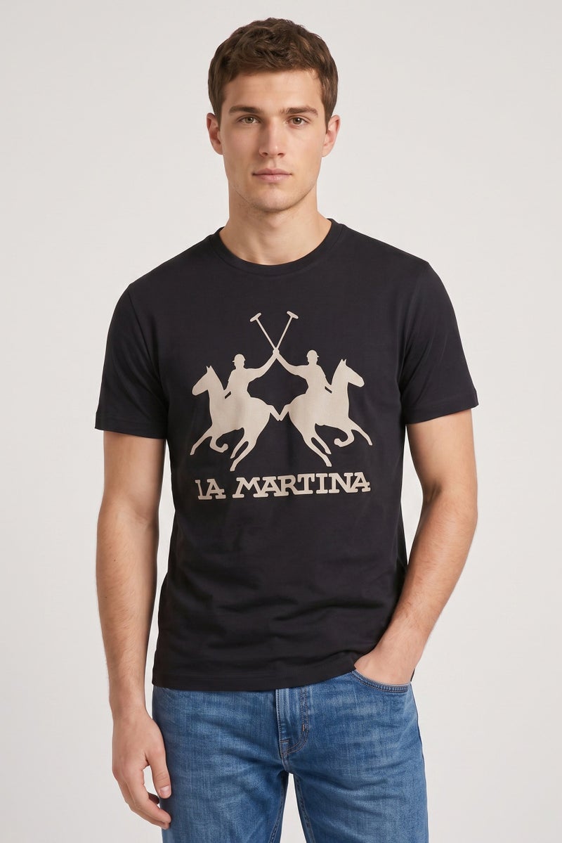 La Martina Men Crew Neck Short Sleeve Brand Logo T-Shirt, Black - Image 1
