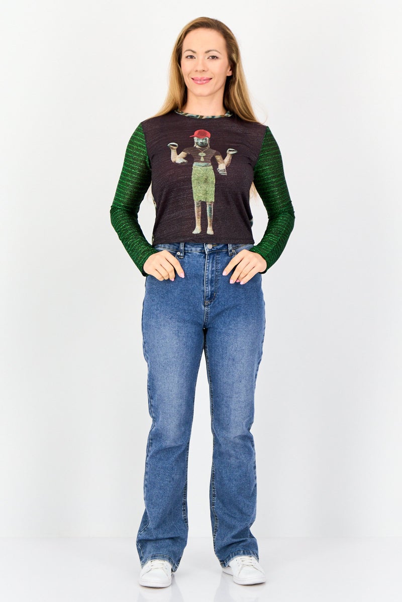 DESIGUAL Women Crew Neck Long Sleeve Graphic Print Top, Multicolor - Image 2