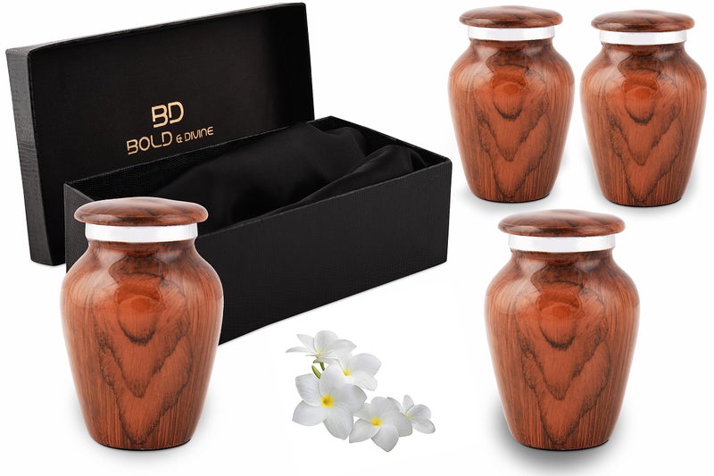 BOLD  DIVINE Wooden Textured Theme Keepsake Urn  Human Ashes Memorial Urn Burial Funeral Cremation Urns Red Cherry Wood Set of 4_Mini