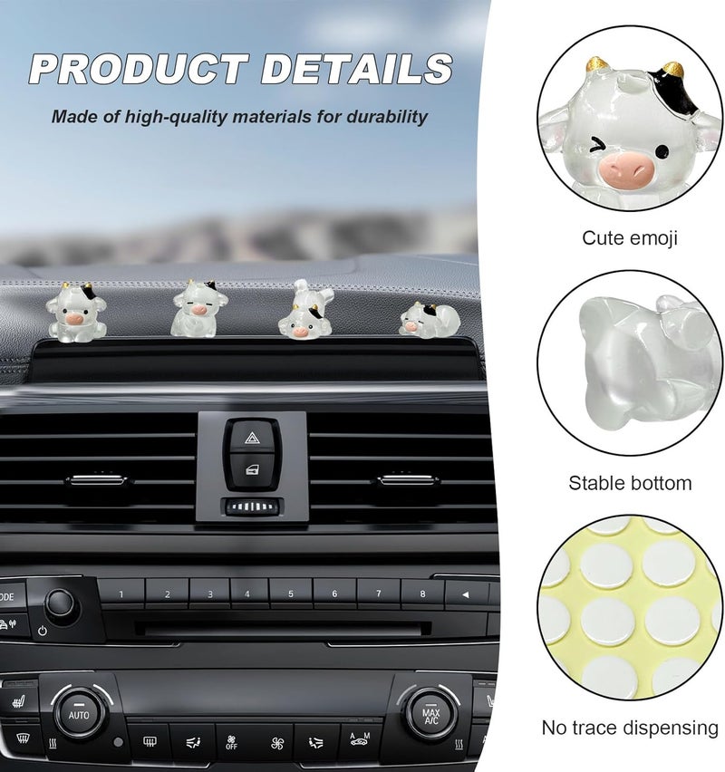 FSTURIOS 6PCS Cute Luminous Cow Car Dashboard Decor Set, Funny Adorable Cow Center Console Rear View Mirror Decoration, Mini Resin Cow Figurines Cartoon Animal Ornament for Women (Luminous) - Image 3