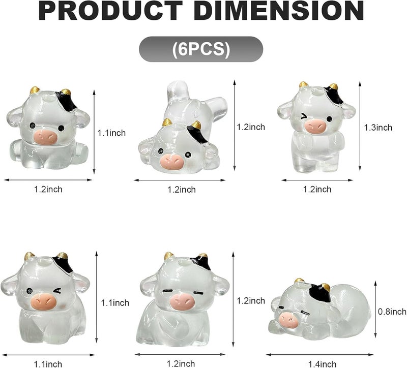 FSTURIOS 6PCS Cute Luminous Cow Car Dashboard Decor Set, Funny Adorable Cow Center Console Rear View Mirror Decoration, Mini Resin Cow Figurines Cartoon Animal Ornament for Women (Luminous) - Image 2