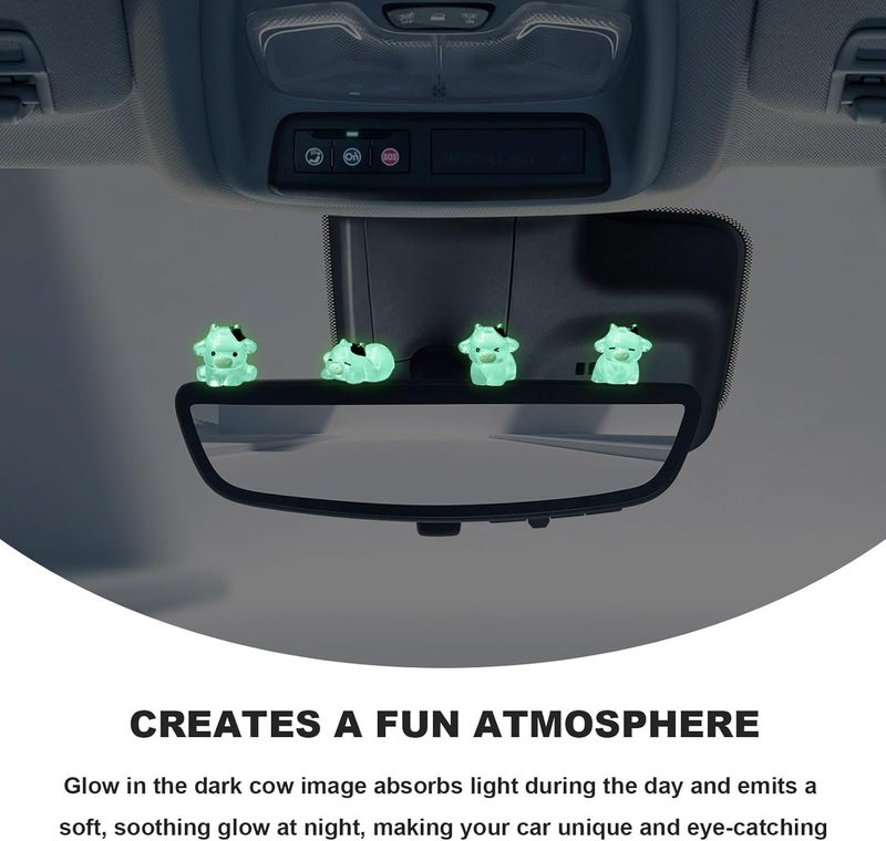 FSTURIOS 6PCS Cute Luminous Cow Car Dashboard Decor Set, Funny Adorable Cow Center Console Rear View Mirror Decoration, Mini Resin Cow Figurines Cartoon Animal Ornament for Women (Luminous) - Image 4