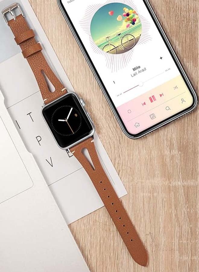 Wearlizer Brown Leather Compatible With Apple Watch Straps 38/40/41/42mm Suitable For Iwatch Se Women And Men Special Triangular Hole Straps Cool Replacement Suitable For Iwatch Series 11 10 9 8 7 6 5 4 3 Se/Ultra 3 - Image 2