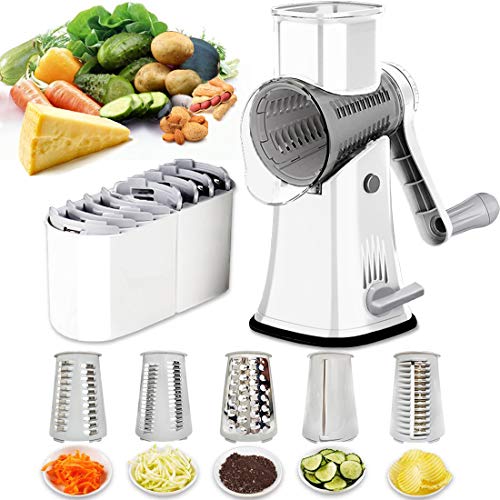 BNUNWISH Rotary Cheese Grater Shredder 5-in-1 Tumbling Box Mandoline Vegetable Julienne Slicer Waffle Cutter Nut Chopper with Handle and Strong Suction Base - Image 1