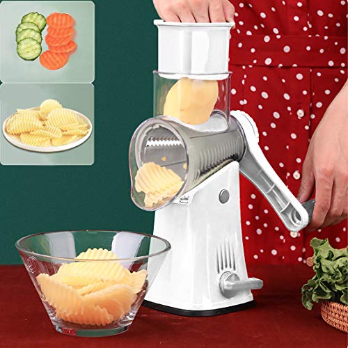 BNUNWISH Rotary Cheese Grater Shredder 5-in-1 Tumbling Box Mandoline Vegetable Julienne Slicer Waffle Cutter Nut Chopper with Handle and Strong Suction Base - Image 3