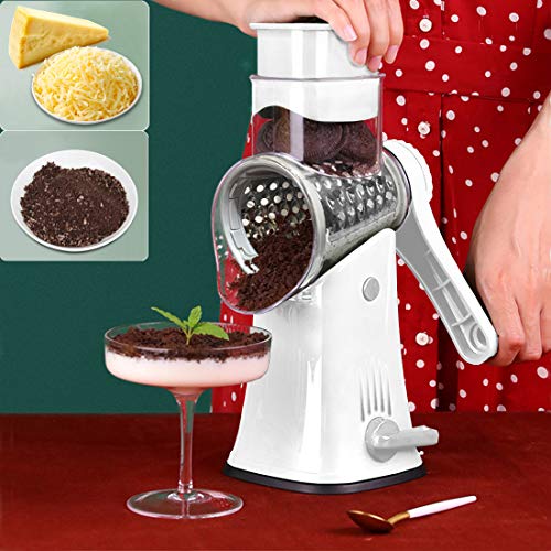 BNUNWISH Rotary Cheese Grater Shredder 5-in-1 Tumbling Box Mandoline Vegetable Julienne Slicer Waffle Cutter Nut Chopper with Handle and Strong Suction Base - Image 2