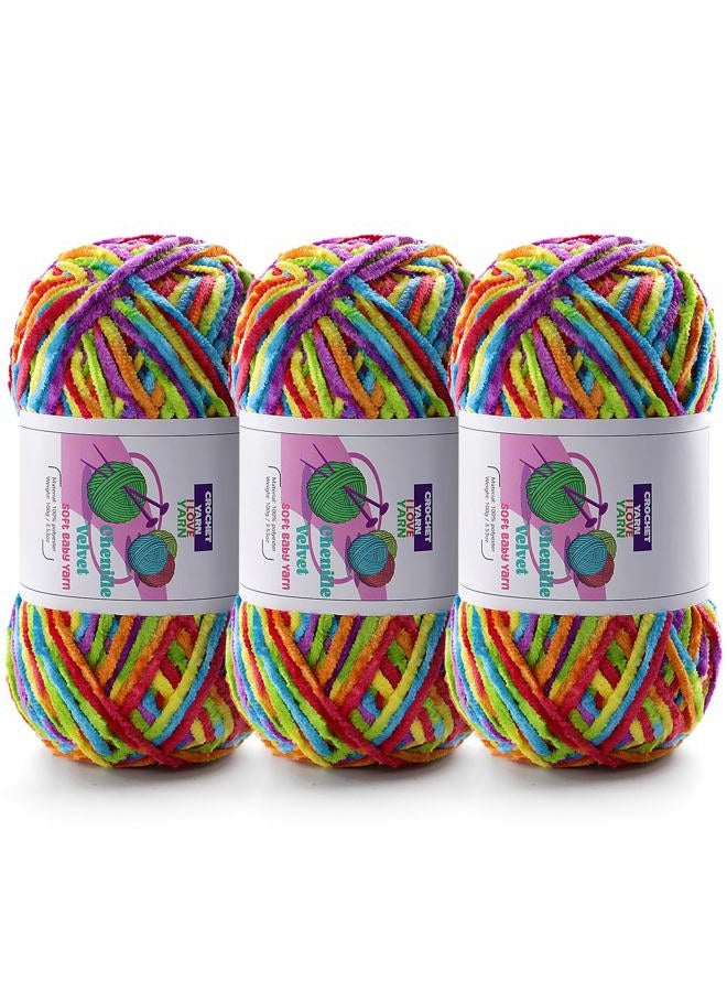DAERBOF 3 Skeins Soft Fluffy Velvet Yarn, Chenille Chunky Yarn for Hand Knitting and Crocheting DIY Craft, Amigurumi Crochet Yarn（3×196.8yds, 3×3.5oz） (Rainbow Color) - Image 1