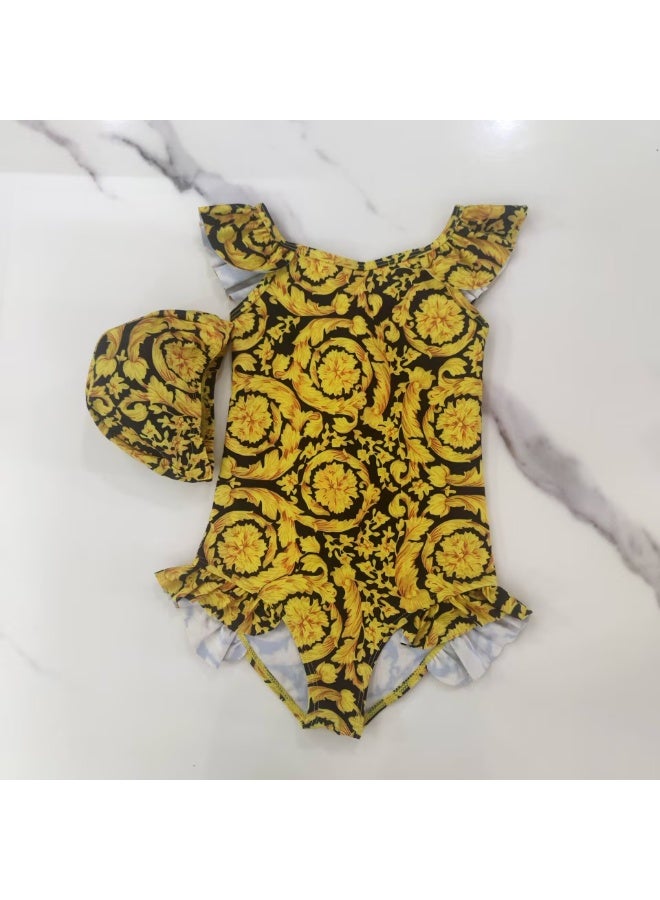 Kids Swimwear Girl yellow flower Cute Little Princess Swimsuit Baby one piece set children Swimwear - Image 1