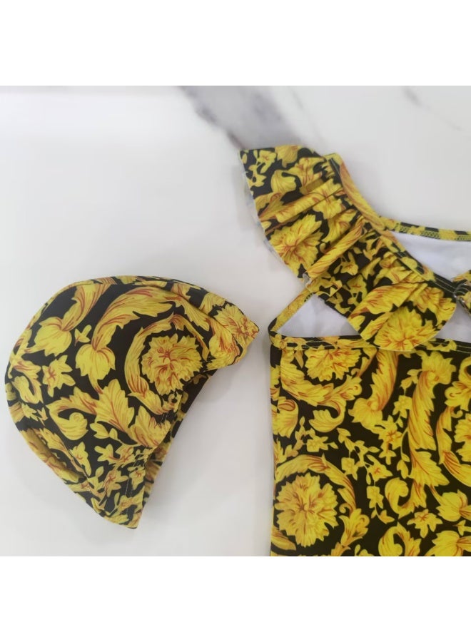 Kids Swimwear Girl yellow flower Cute Little Princess Swimsuit Baby one piece set children Swimwear - Image 5