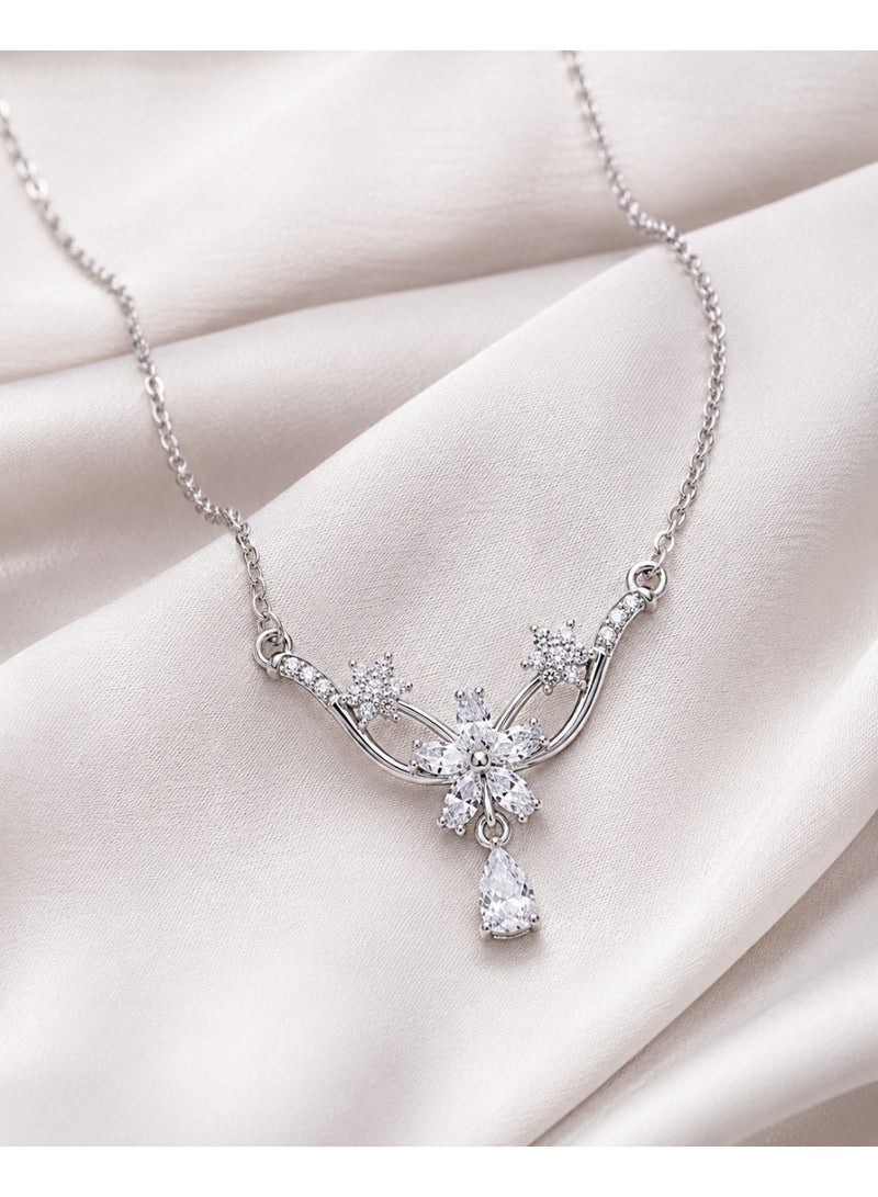 RAFAL Women's Silver-Tone V-Shaped Floral Collar Necklace with Marquise Crystals and Pear Drop - Image 2