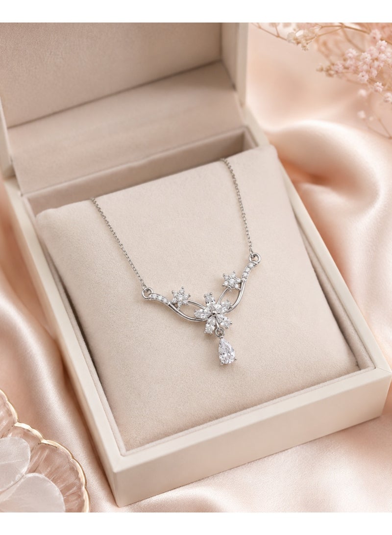 RAFAL Women's Silver-Tone V-Shaped Floral Collar Necklace with Marquise Crystals and Pear Drop - Image 4