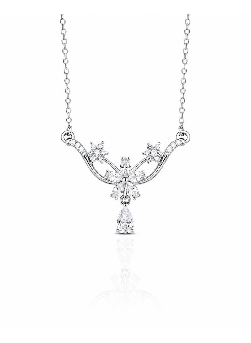 RAFAL Women's Silver-Tone V-Shaped Floral Collar Necklace with Marquise Crystals and Pear Drop - Image 1