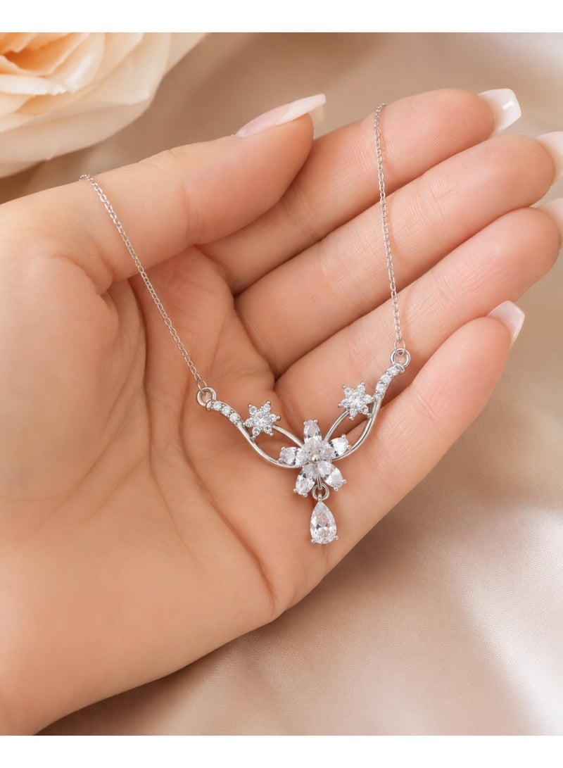 RAFAL Women's Silver-Tone V-Shaped Floral Collar Necklace with Marquise Crystals and Pear Drop - Image 3