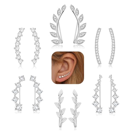 FINREZIO 6Pairs Ear Cuffs Climber Hoop Earring CZ Arrow Crawler Stud Earring Jacket for Women Silver - Image 1
