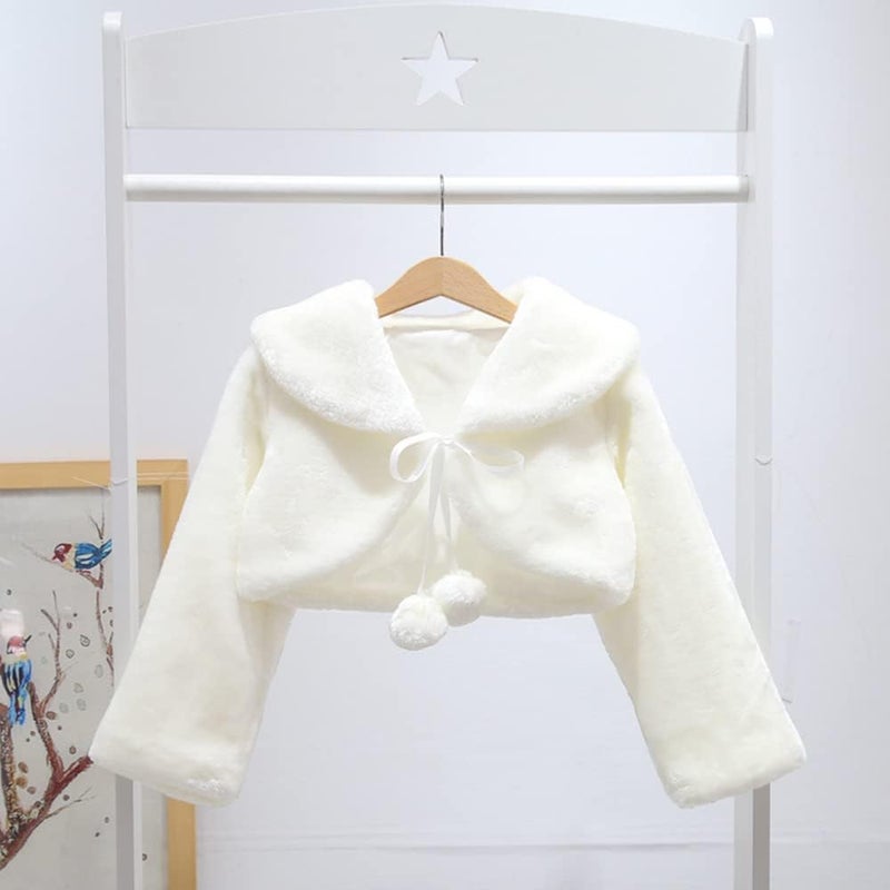 Edenshow Store Girls Faux Fur Bolero White Fur Coat Jacket Princess Shawl Shrug Bridesmaid Tippet Cape Cardigan for Wedding Party - Image 3