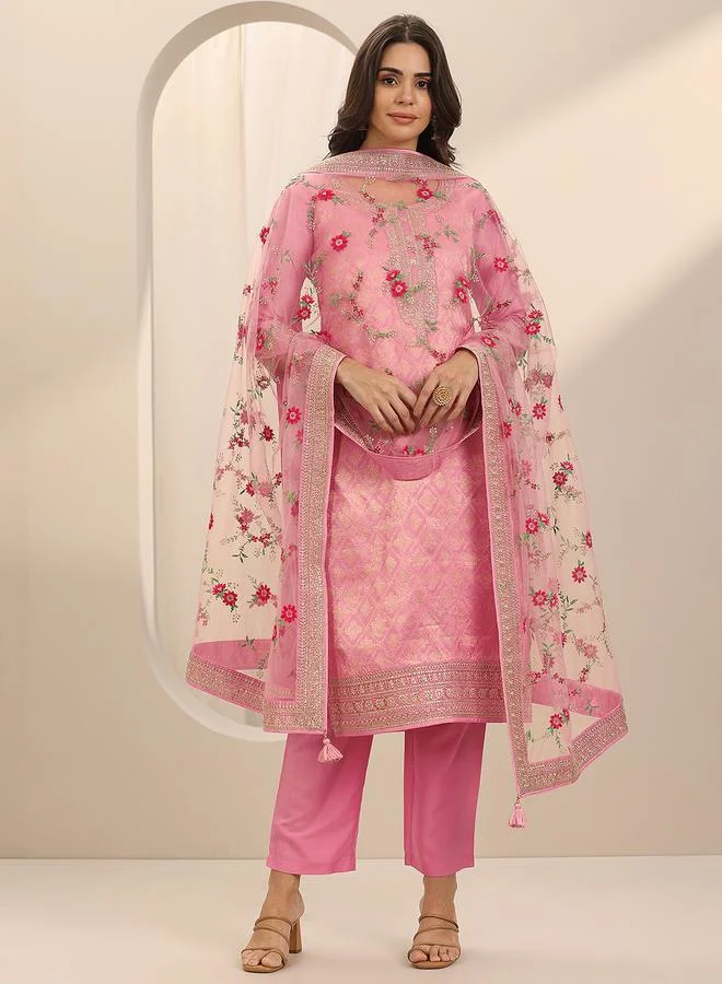 Libas Pink Self Design Silk Blend Straight Kurta, Trousers and Dupatta Set