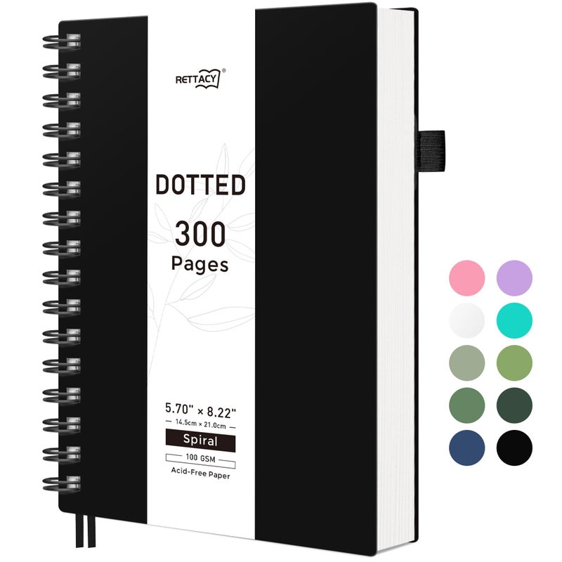 RETTACY Dotted Journal Notebook, 300 Pages, A5 Medium Size (5.7'' Ã— 8.2''), 100 GSM Thick Paper, Flexible Plastic Cover, Spiral-bound, for Bullet Journaling, Planning, Tracking (Black) - Image 1