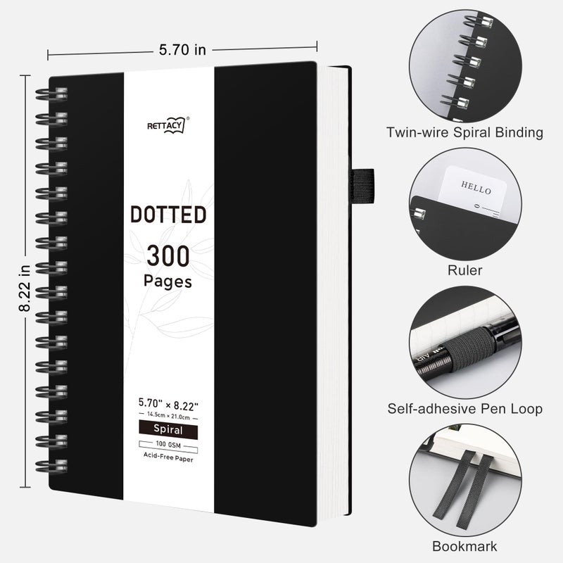 RETTACY Dotted Journal Notebook, 300 Pages, A5 Medium Size (5.7'' Ã— 8.2''), 100 GSM Thick Paper, Flexible Plastic Cover, Spiral-bound, for Bullet Journaling, Planning, Tracking (Black) - Image 2