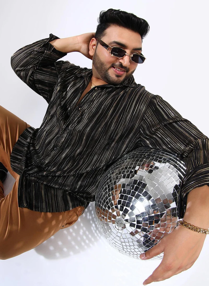 Instafab Plus Men's Jet Black & Metallic Gold Pleat-Creased Shirt