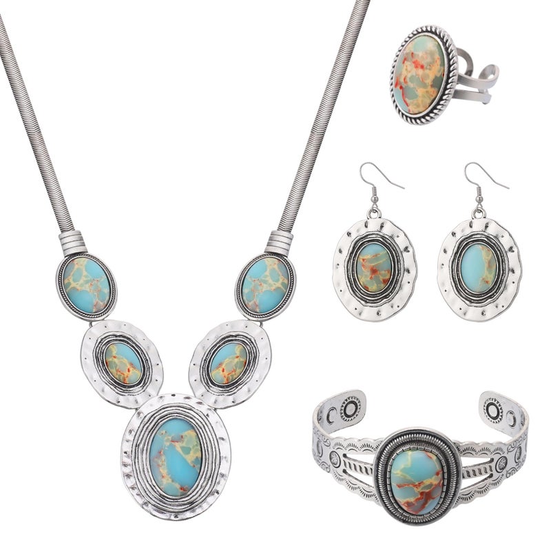 JMScape 4 PCS Western Turquoise Jewelry for Women Boho Vintage Navajo Pearl Necklace Earring Bracelet Ring Set Country Cowgirl Accessories for Gift (V-Blue) - Image 1