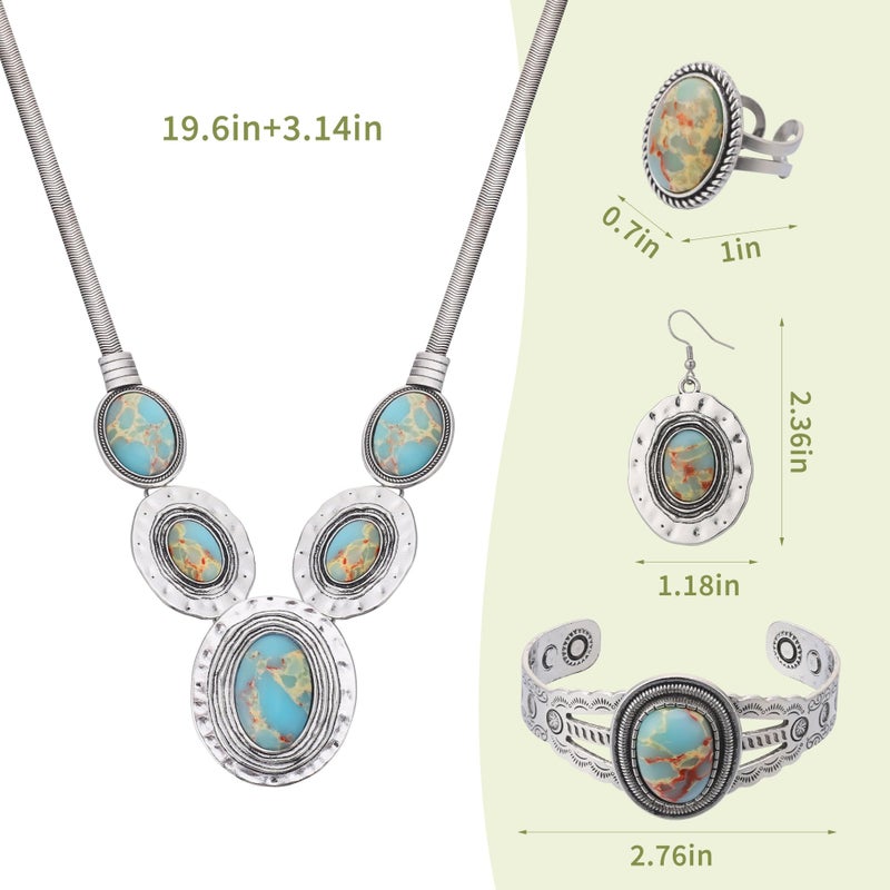 JMScape 4 PCS Western Turquoise Jewelry for Women Boho Vintage Navajo Pearl Necklace Earring Bracelet Ring Set Country Cowgirl Accessories for Gift (V-Blue) - Image 4