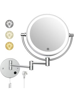 COSMIRROR COSMIRROR Wall Mounted Makeup Mirror with Lights - Plug-in AC Cord 8" Lighted Vanity Mirror Large Double Sided 1X/10X Magnifying Mirror, 3 Color Lights & Stepless Dimming, 360°Free Rotation 
