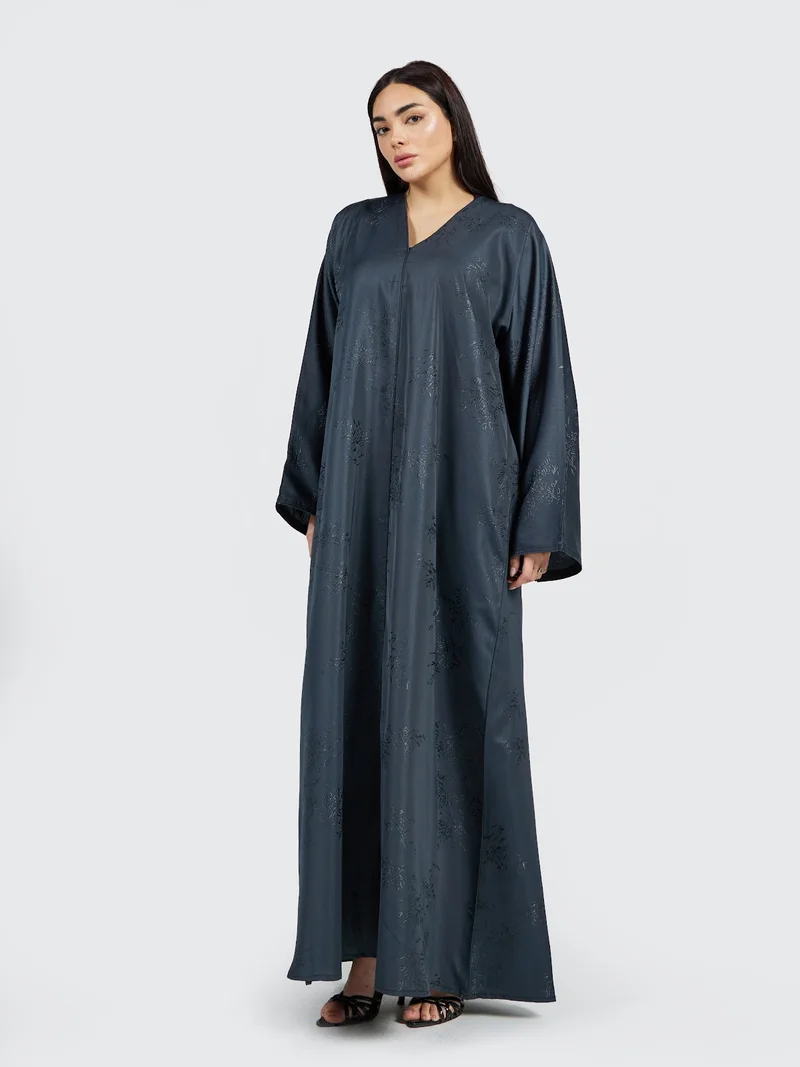 Reem Abayas Slate Blue Tonal Jacquard Abaya - Textured Modest Maxi Dress