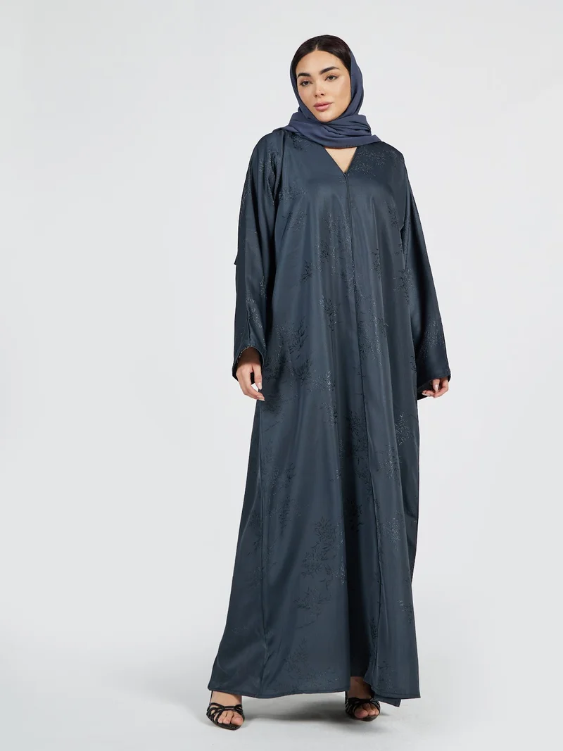 Reem Abayas Slate Blue Tonal Jacquard Abaya - Textured Modest Maxi Dress