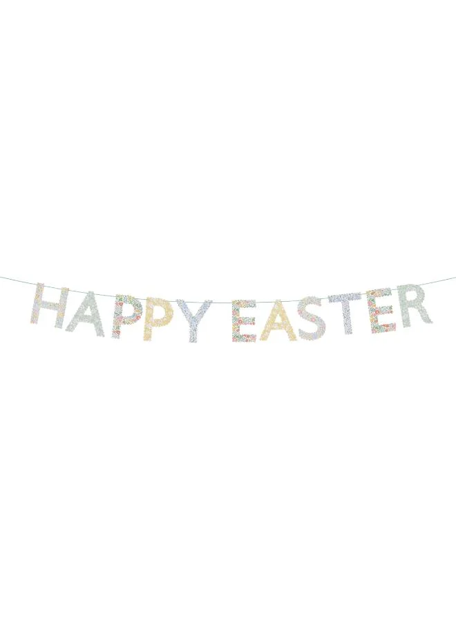 x Liberty Happy Easter Garland - Scalloped Paper Letter Pennants with Liberty Floral Designs on Sage Green Velvet Ribbon, Stylish Spring Decoration for Easter Parties