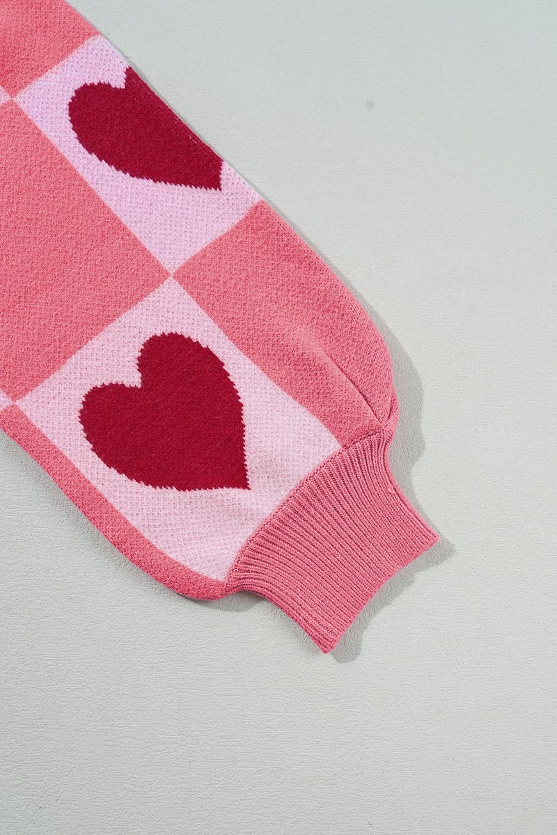 KevaMolly Womens Plus Size Valentines Sweater Heart Lantern Sleeve Sweater Plaid Elegant Baggy Sweaters Pullover Top Pink Red 3XL - Image 5