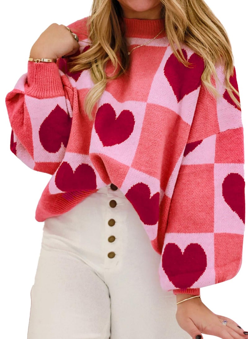 KevaMolly Womens Plus Size Valentines Sweater Heart Lantern Sleeve Sweater Plaid Elegant Baggy Sweaters Pullover Top Pink Red 3XL - Image 1