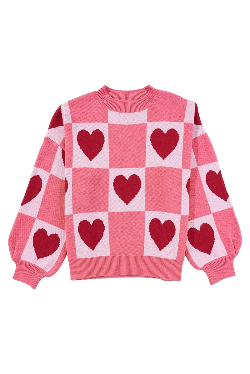 KevaMolly Womens Plus Size Valentines Sweater Heart Lantern Sleeve Sweater Plaid Elegant Baggy Sweaters Pullover Top Pink Red 3XL - Image 3