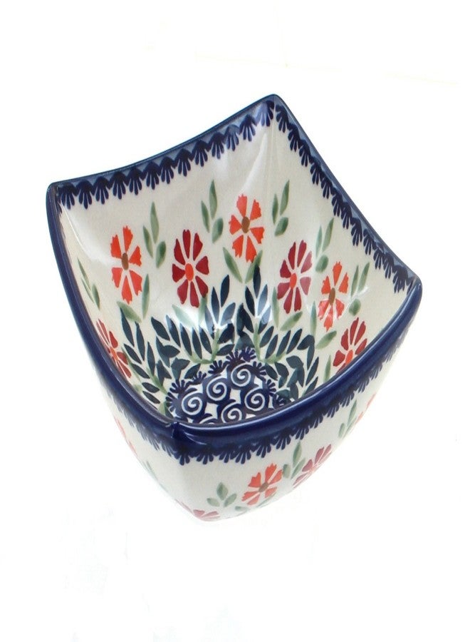 Blue Rose Pottery وعاء مربع صغير من الخزف البولندي "بلو روز" - باقة زهور برتقالية - 5.25 بوصة مربعة - طبق فريد للمقبلات أو المكسرات أو الحلوى - Image 1