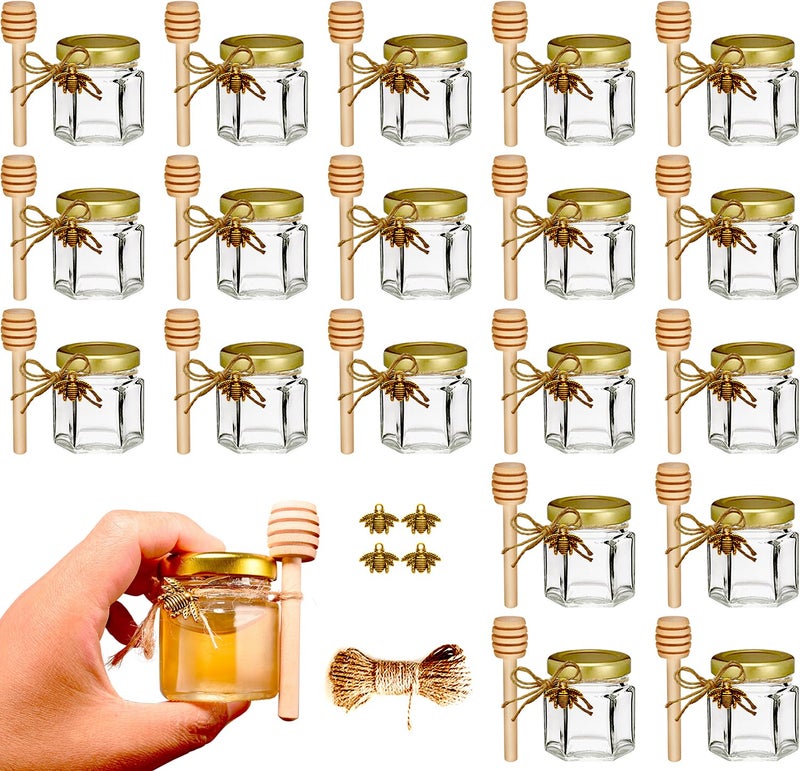 Adabocute Honey Pot  Mini Honey Jars With Dipper  Glass Honey Jars Baby Shower Favors  Party Favors & Wedding Favors  Gold Lid  Bee Pendants  Gold Organza Bags  20 Pack 1.5Oz - Image 1