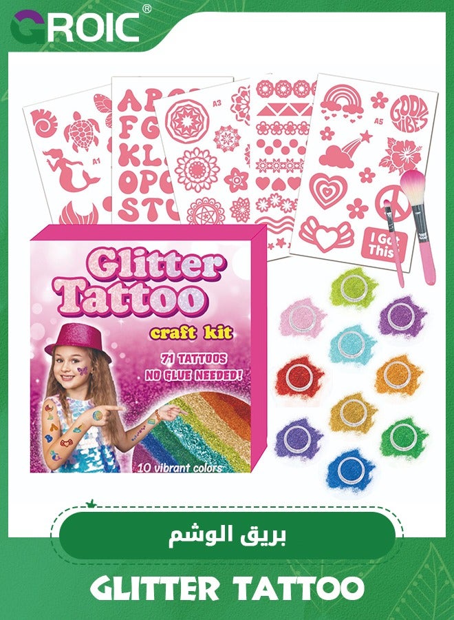 GROIC Temporary Glitter Tattoo Kids, 10 Glitter Colors, 10 Stencils, 2 Brushes, Adults & Kids Arts Glitter Kit, Holiday Gifts for Girls Boys, Temporary Tattoo Set Carnival Birthday Festival Party Supplies - Image 1