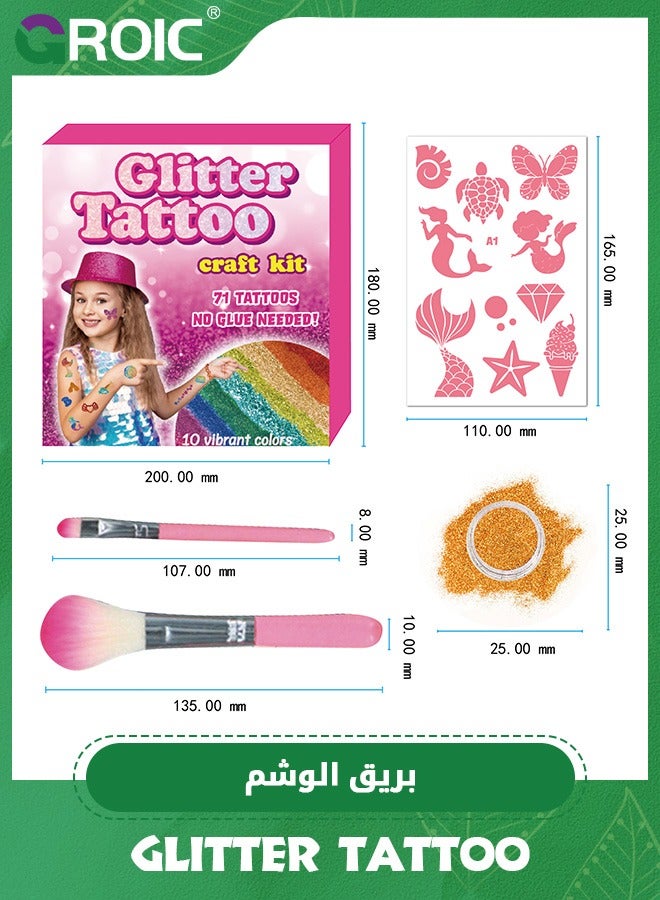 GROIC Temporary Glitter Tattoo Kids, 10 Glitter Colors, 10 Stencils, 2 Brushes, Adults & Kids Arts Glitter Kit, Holiday Gifts for Girls Boys, Temporary Tattoo Set Carnival Birthday Festival Party Supplies - Image 2
