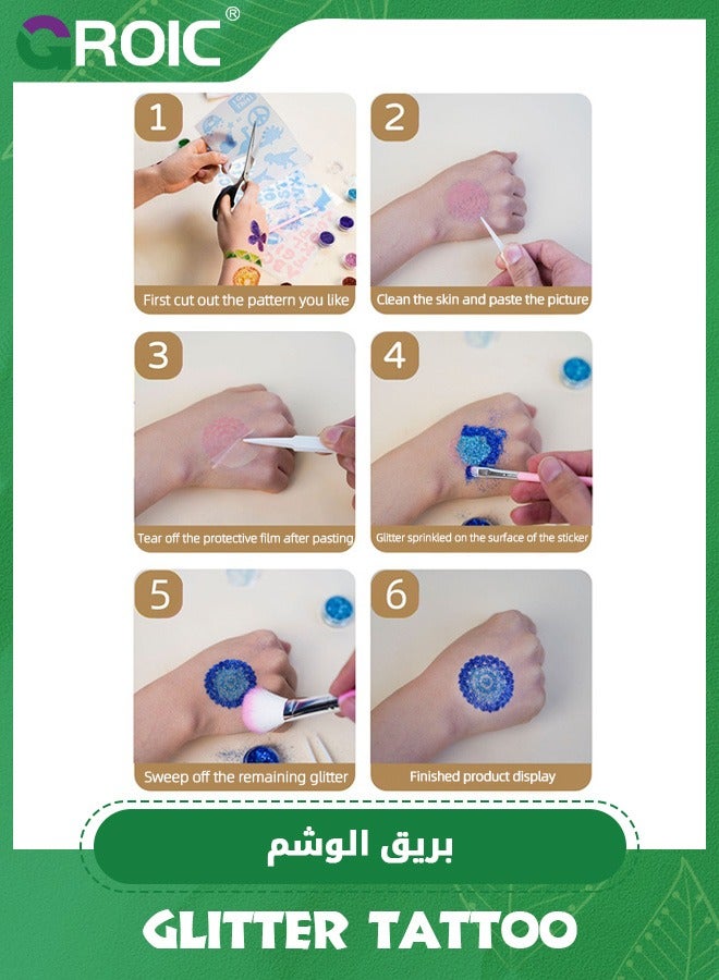 GROIC Temporary Glitter Tattoo Kids, 10 Glitter Colors, 10 Stencils, 2 Brushes, Adults & Kids Arts Glitter Kit, Holiday Gifts for Girls Boys, Temporary Tattoo Set Carnival Birthday Festival Party Supplies - Image 4