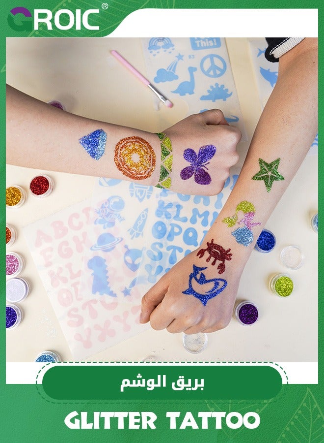 GROIC Temporary Glitter Tattoo Kids, 10 Glitter Colors, 10 Stencils, 2 Brushes, Adults & Kids Arts Glitter Kit, Holiday Gifts for Girls Boys, Temporary Tattoo Set Carnival Birthday Festival Party Supplies - Image 5