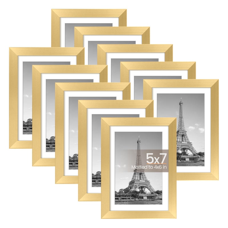 upsimples 5x7 Picture Frame Set of 10, Display Pictures 4x6 with Mat or 5x7 Without, Multi Photo Frames Collage for Wall or Tabletop Display, Gold - Image 1