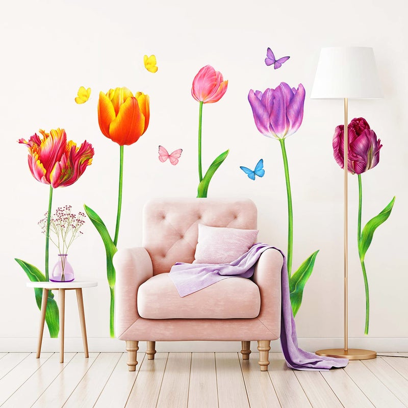 DECOWALL SG2116 5 Large Tulip Wall Decals Colorful Flower Butterfly Stickers for Bedroom Living Room Nursery Bathroom Home Decor Art Decoration DIY