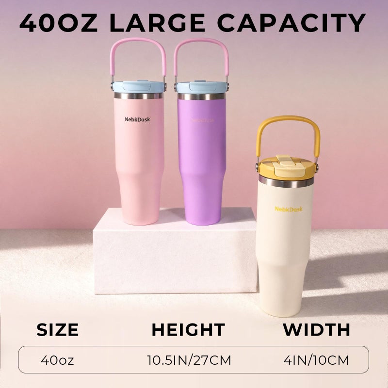 NebkDask 40 oz Insulated Stainless Steel Bottle with 2-in-1 Straw and Spout Lid, Water Bottle with Carry Handle Keep Cold 24H, Leak-Proof, Fits in Car Cup Holder, Travel, and Schoolï¼ˆoff-Whiteï¼‰ - Image 3