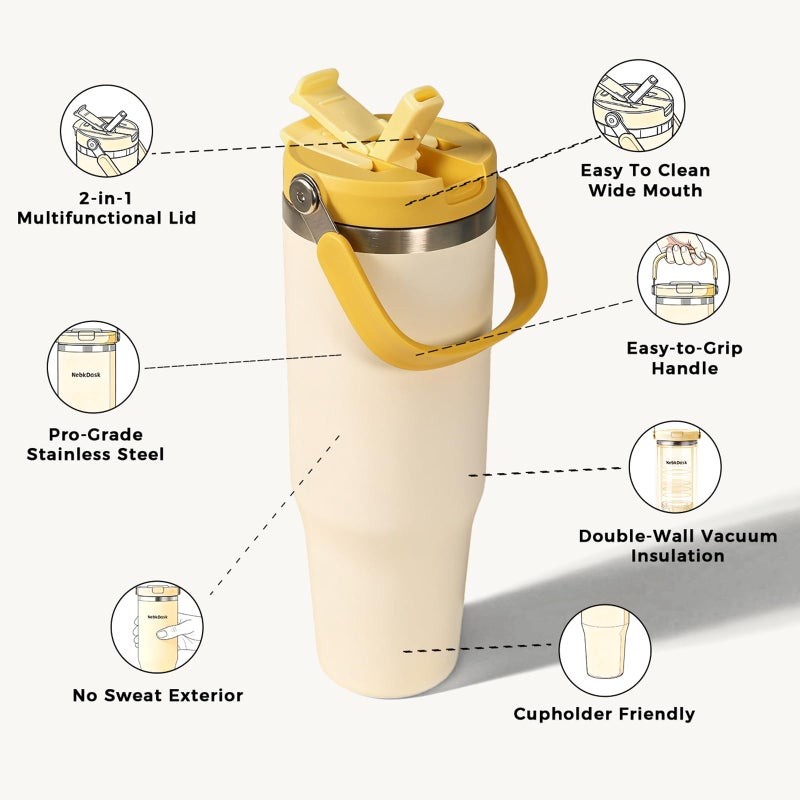 NebkDask 40 oz Insulated Stainless Steel Bottle with 2-in-1 Straw and Spout Lid, Water Bottle with Carry Handle Keep Cold 24H, Leak-Proof, Fits in Car Cup Holder, Travel, and Schoolï¼ˆoff-Whiteï¼‰ - Image 2