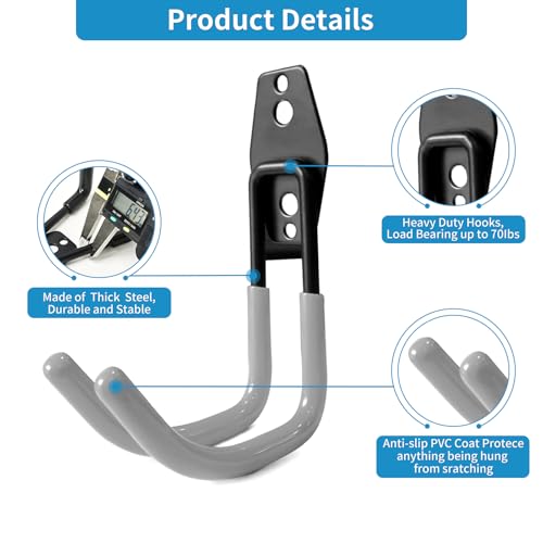 GeeWatom Garage Storage Utility Hooks，Garage Garden Tool Organizer，Steel Wall Mount Hooks, Large Garden U Hooks （2 Pack） (Type-2-Gray) - Image 2